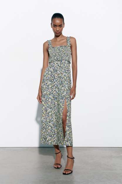 Floral Cami Smocked Elastic Slit Midi Dress