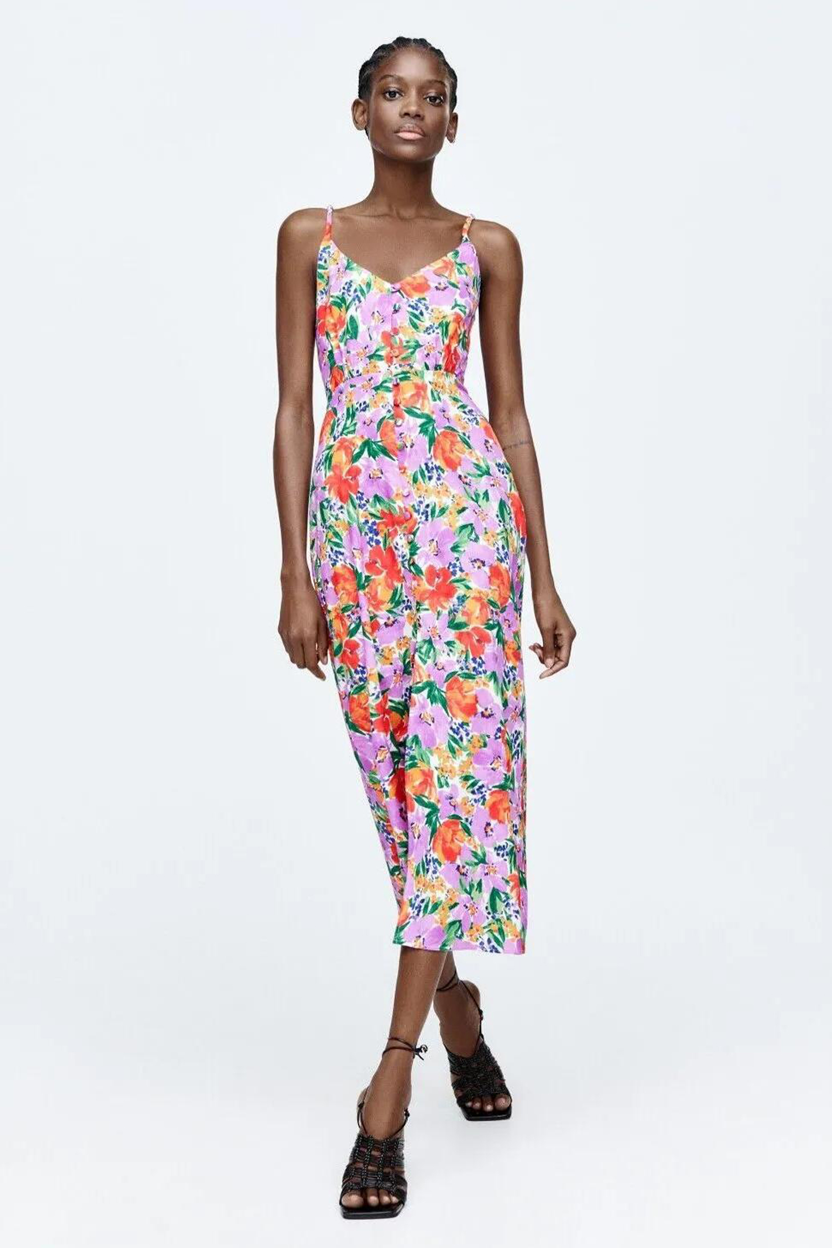 Floral Buttoned Trim Cami Slit Midi Dress