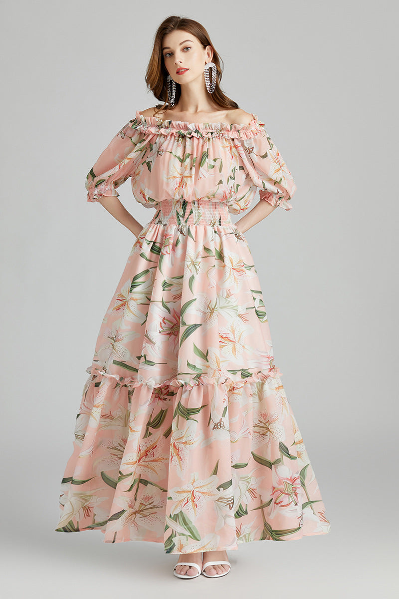 Floral Puff Sleeve Off Shoulder Smocked Elastic Waist Large Hemline Maxi Dress
