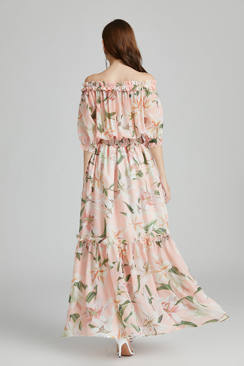 Floral Puff Sleeve Off Shoulder Smocked Elastic Waist Large Hemline Maxi Dress