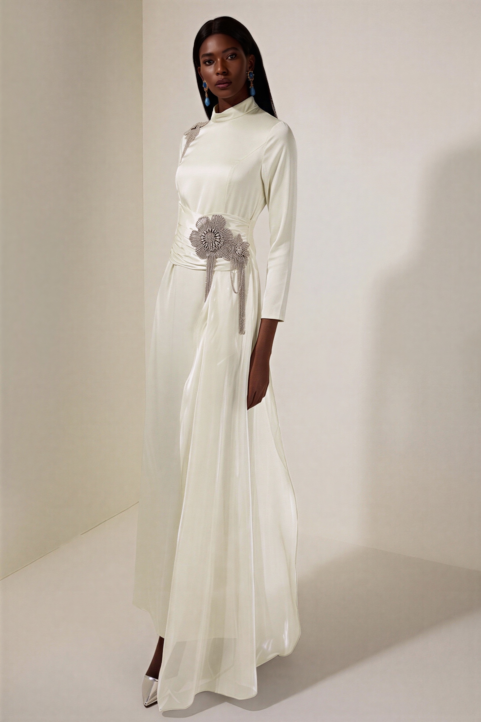Rhinestone 3D Flower Satin Maxi Dress