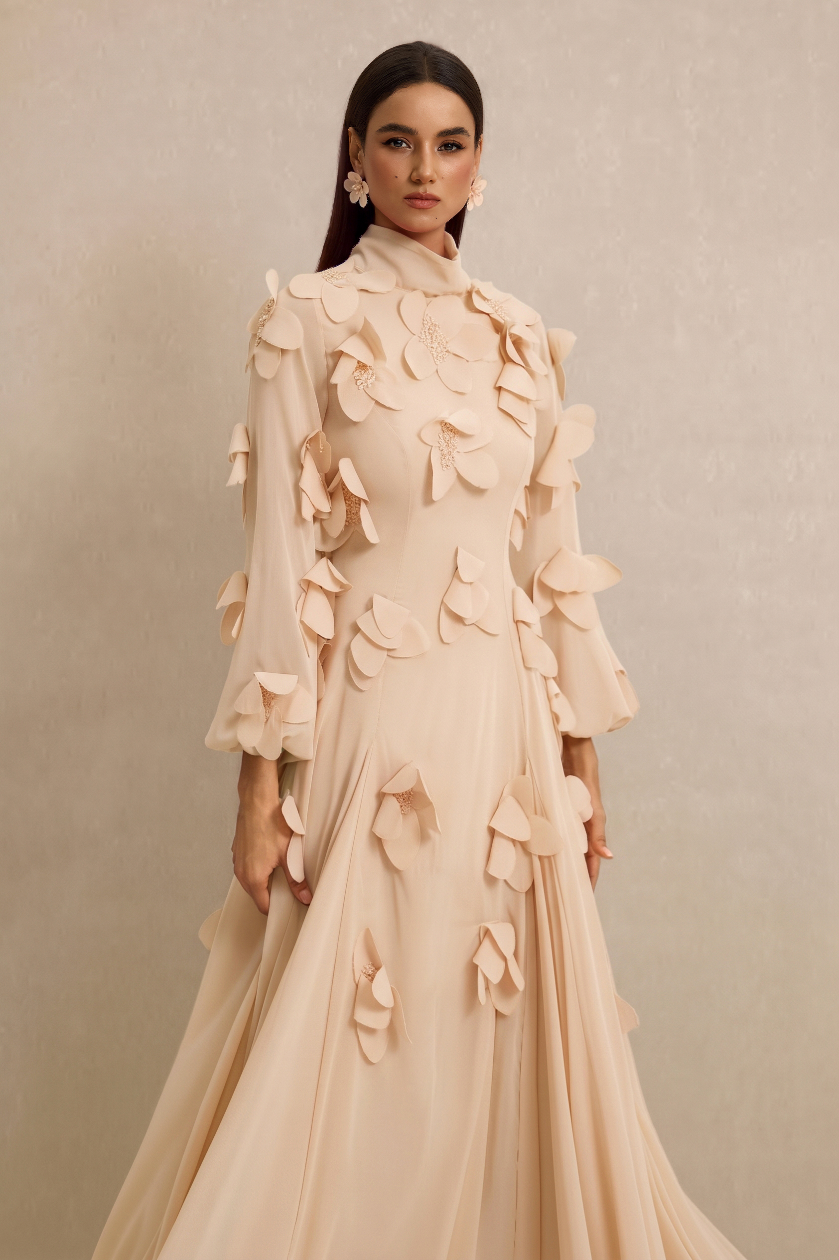 3D Flower Stand Collar Long Sleeve Maxi Dress