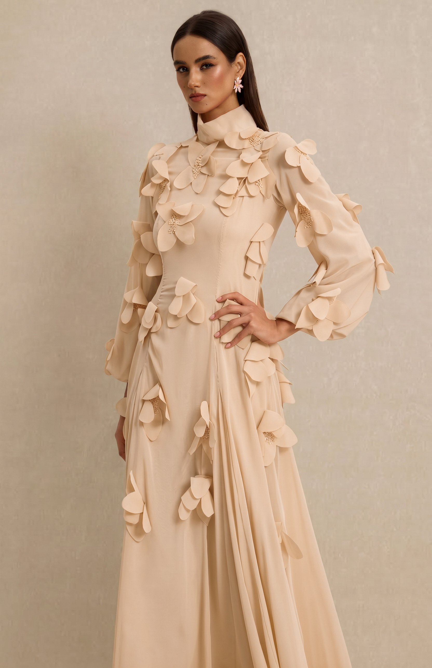 3D Flower Stand Collar Long Sleeve Maxi Dress