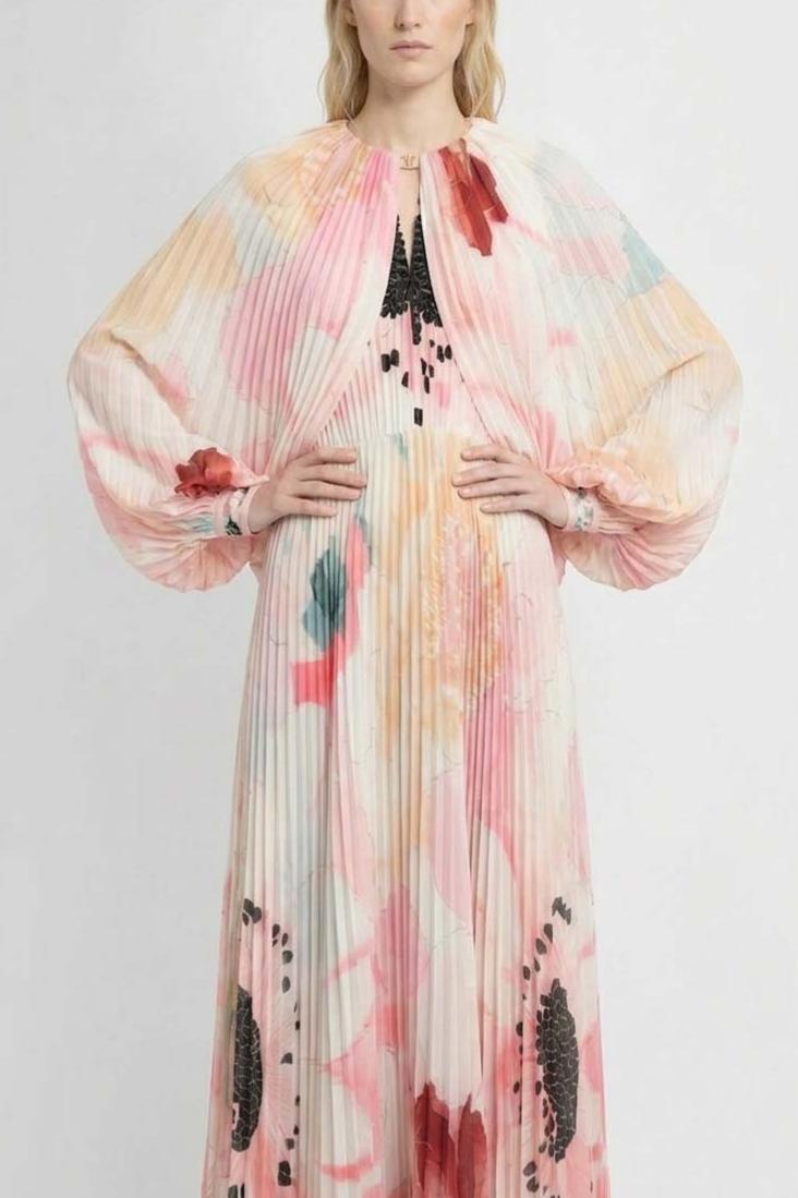 Floral Pleated Cape Sleeve Maxi Dress