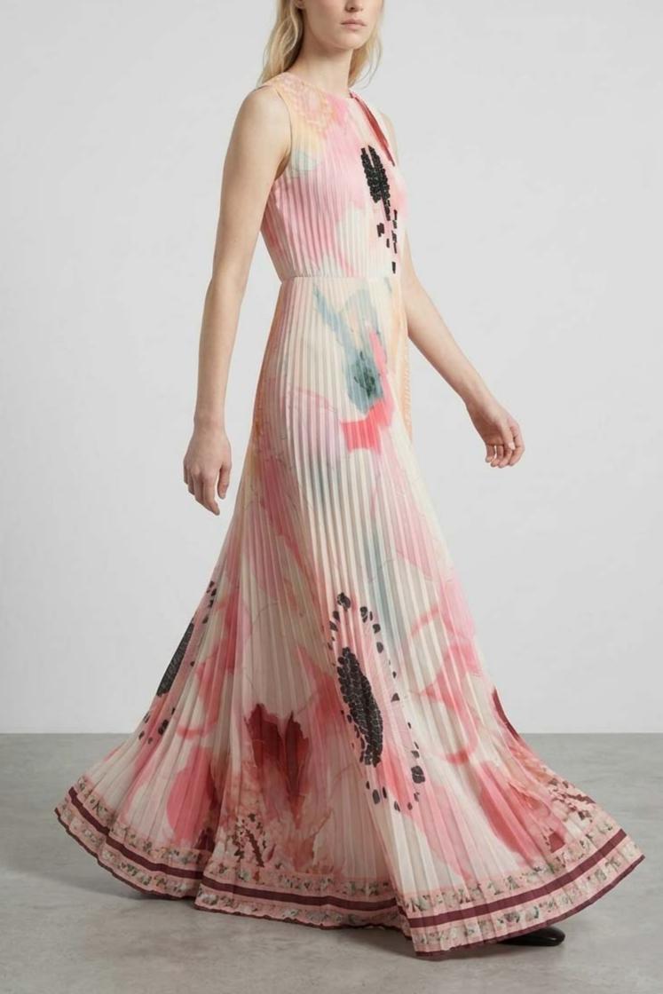 Floral Pleated Cape Sleeve Maxi Dress
