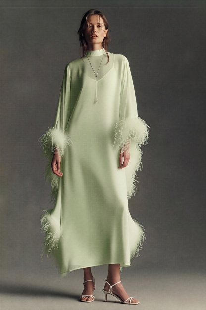 Feather Cape Stand Collar Maxi Dress