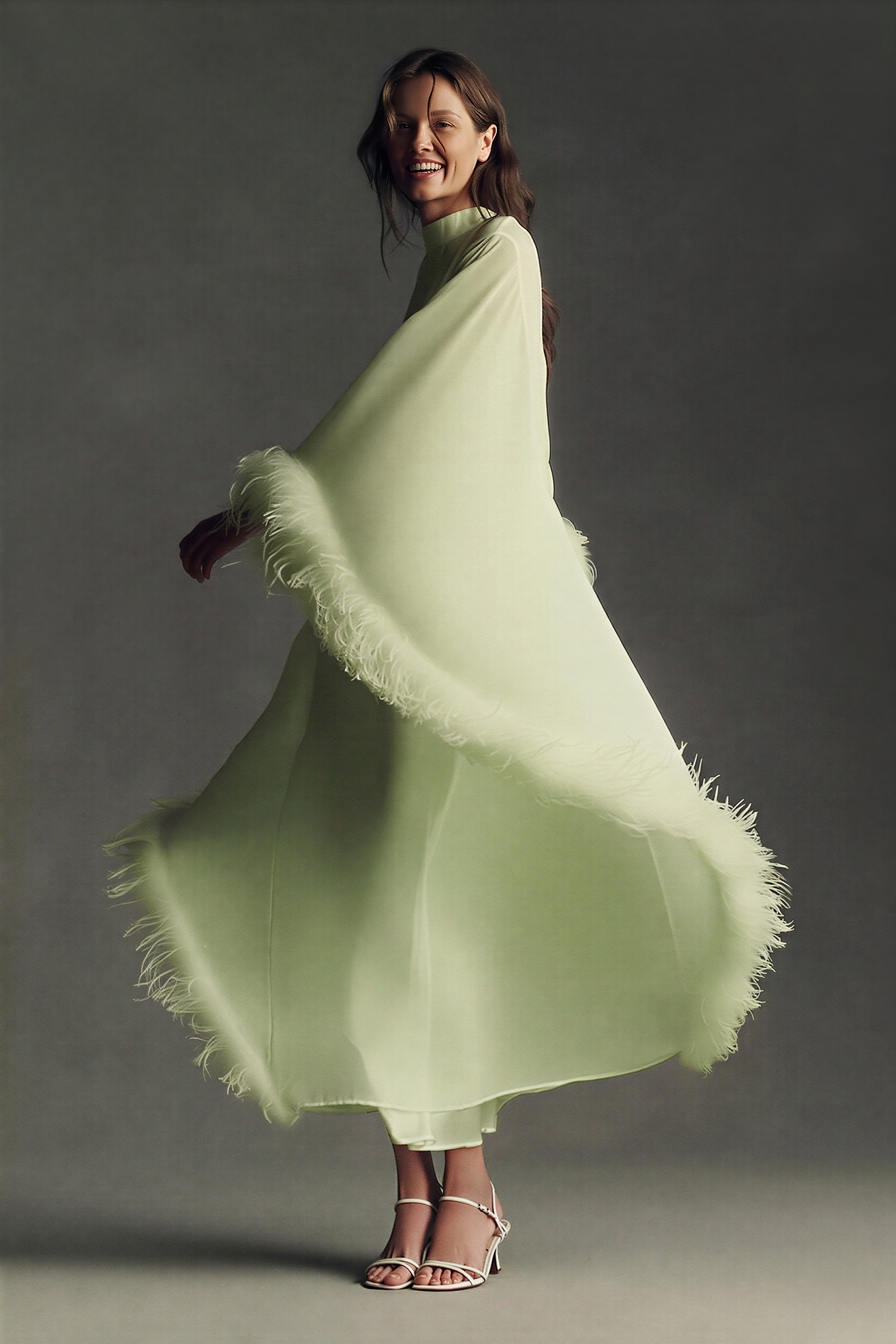 Feather Cape Stand Collar Maxi Dress