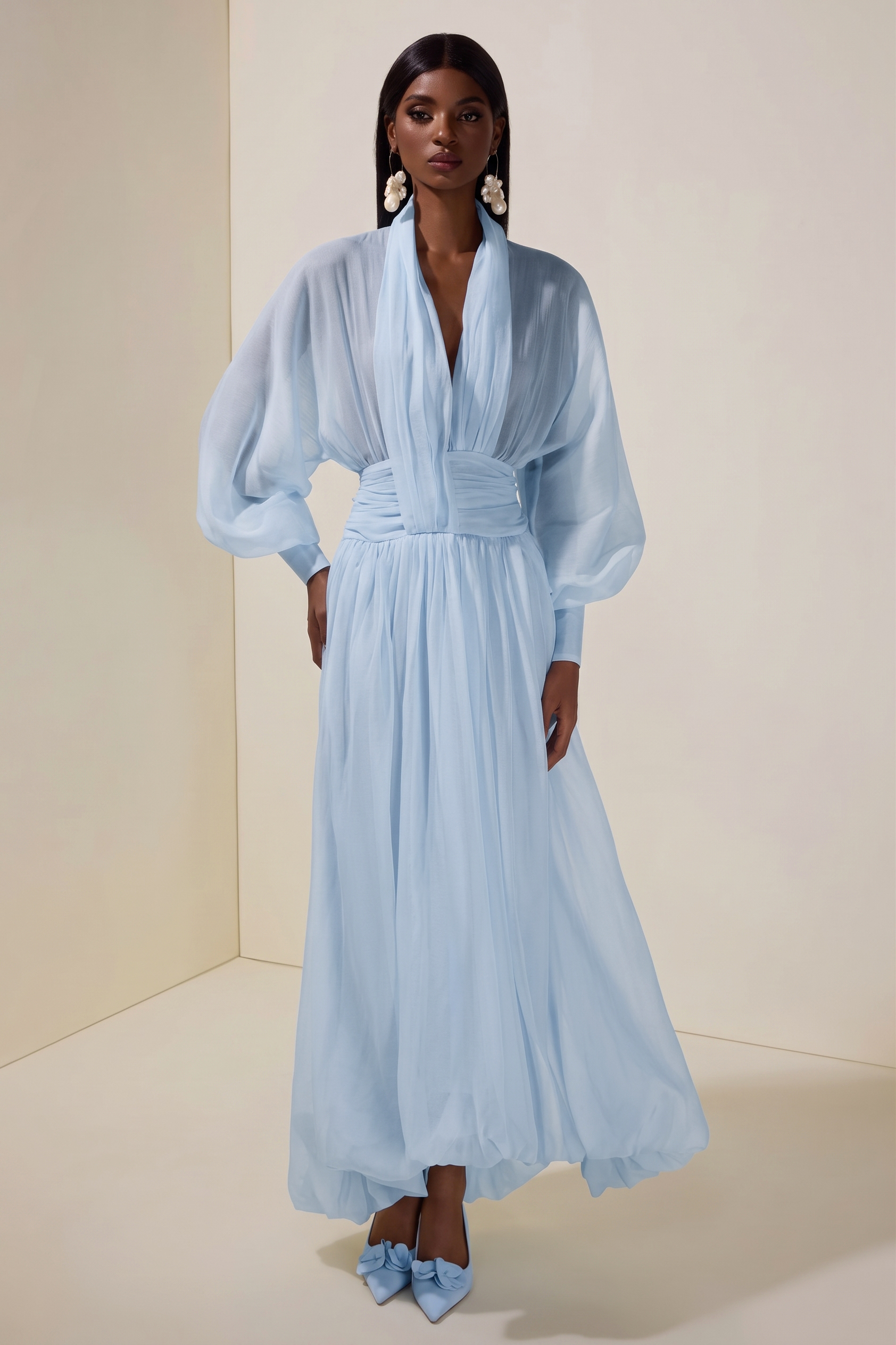 Chiffon V-Neck Lantern Sleeve Puff Midi Dress