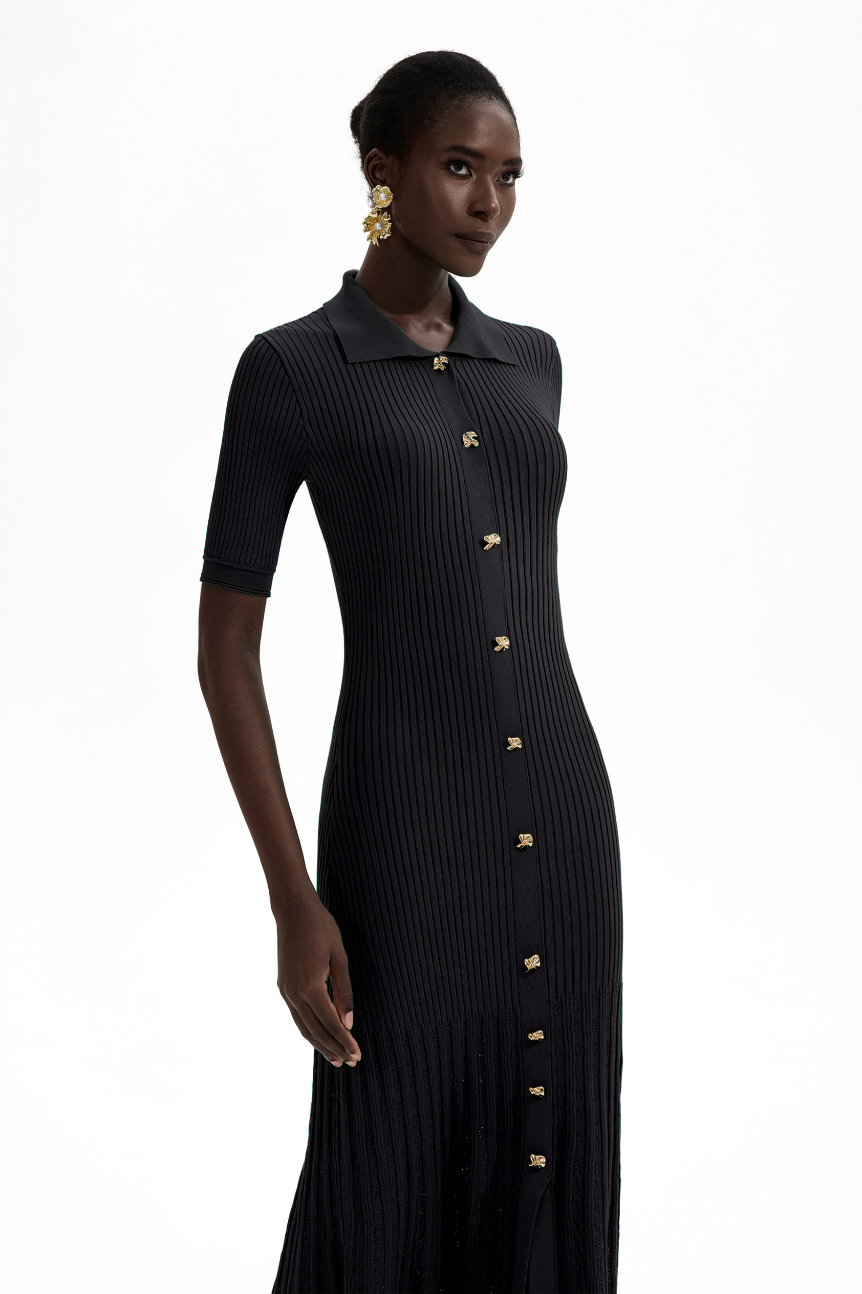 Jersey Flapped Metal Button Midi Dress