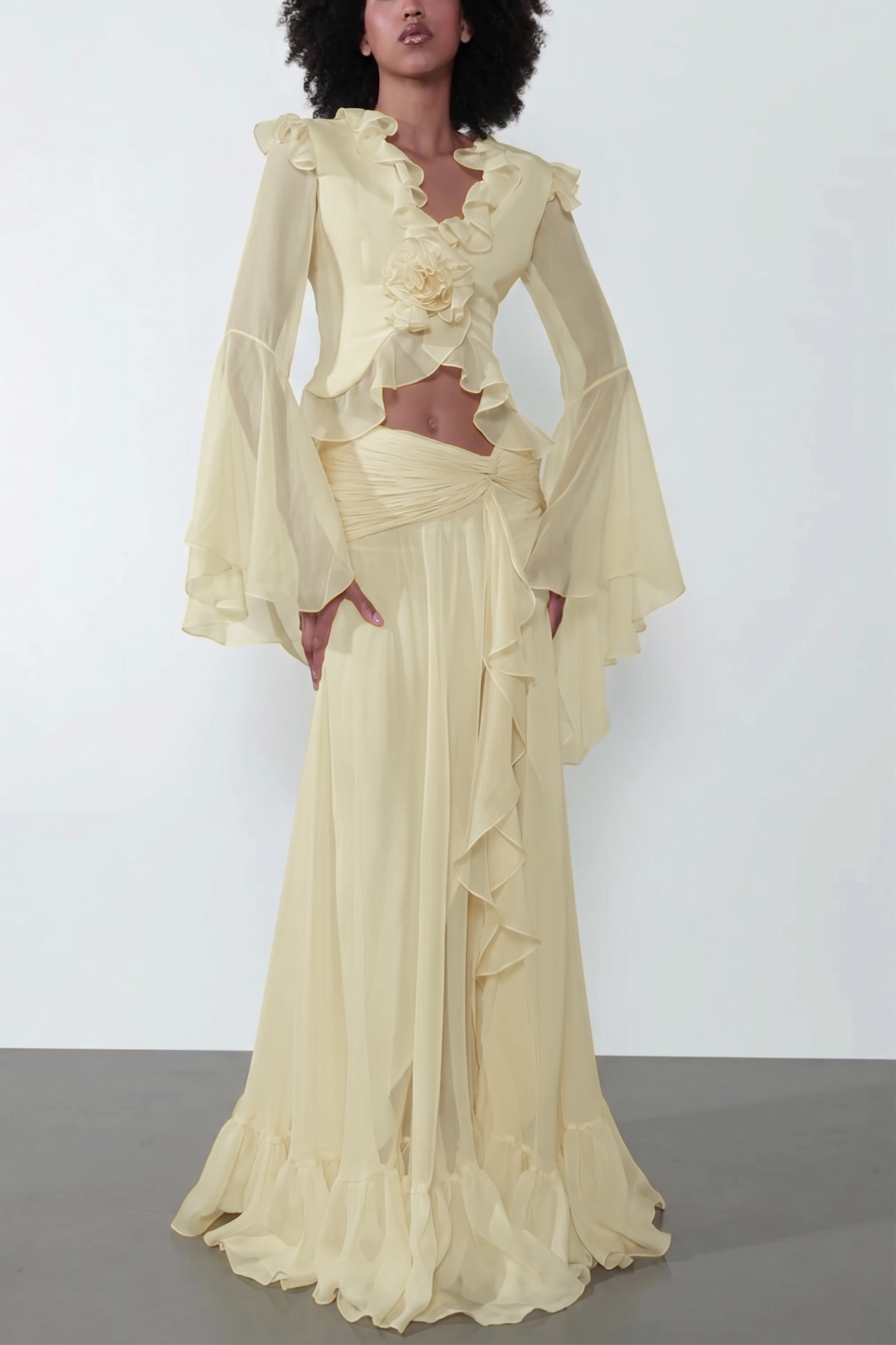 V-Neck Bell Sleeve Top & High Waist Maxi Skirt Set