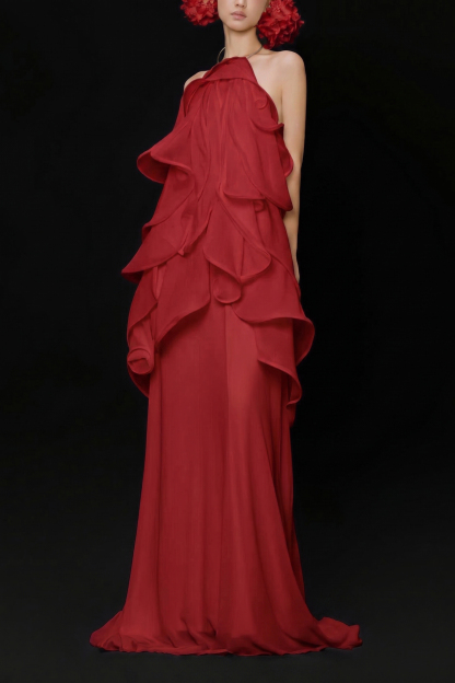 Halter Neck Backless Ruffle Maxi Dress