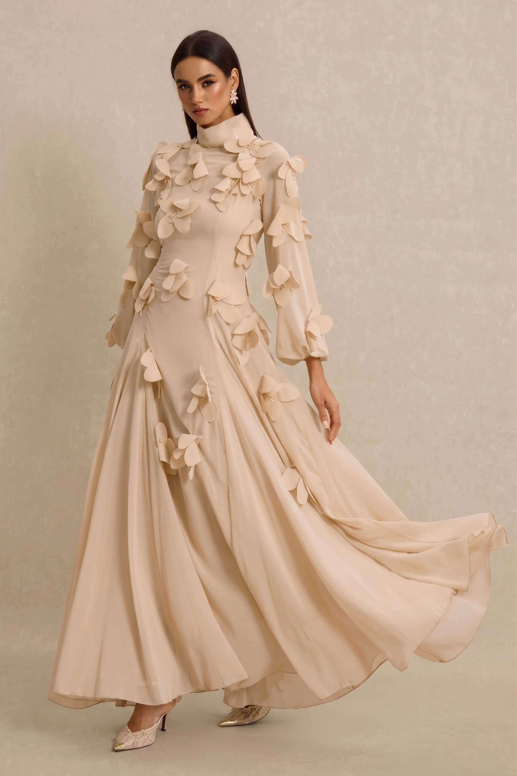 3D Flower Stand Collar Long Sleeve Maxi Dress