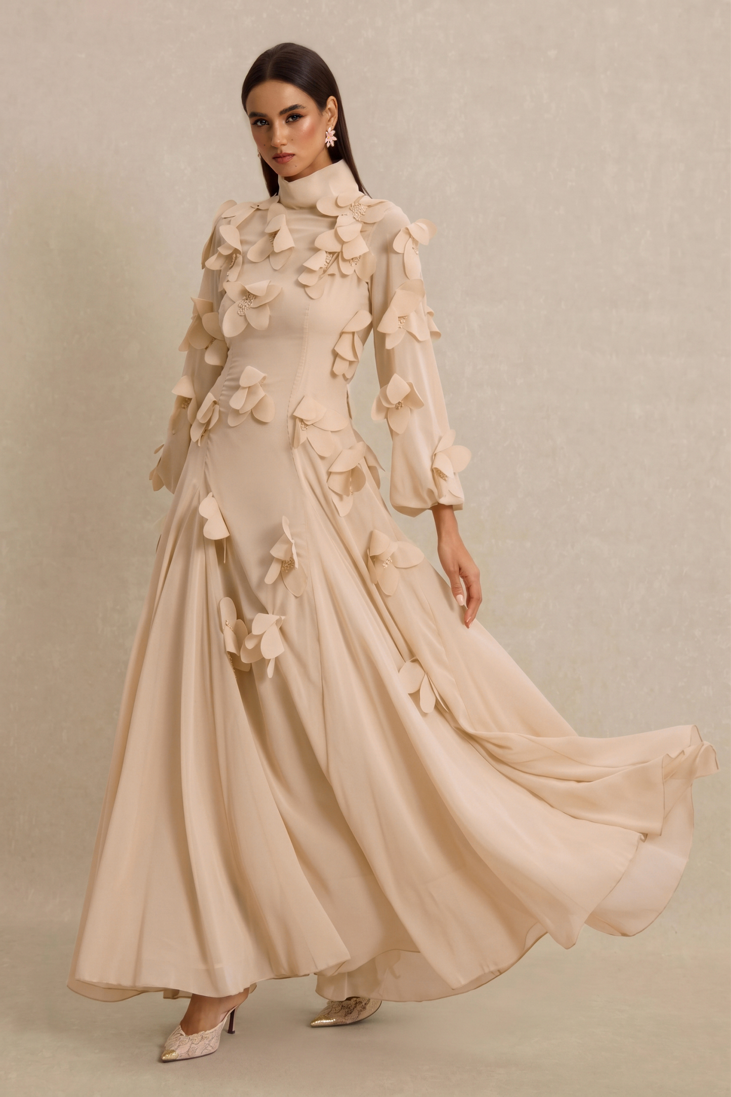 3D Flower Stand Collar Long Sleeve Maxi Dress