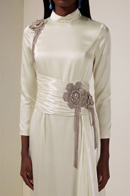 Rhinestone 3D Flower Satin Maxi Dress