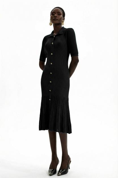 Jersey Flapped Metal Button Midi Dress
