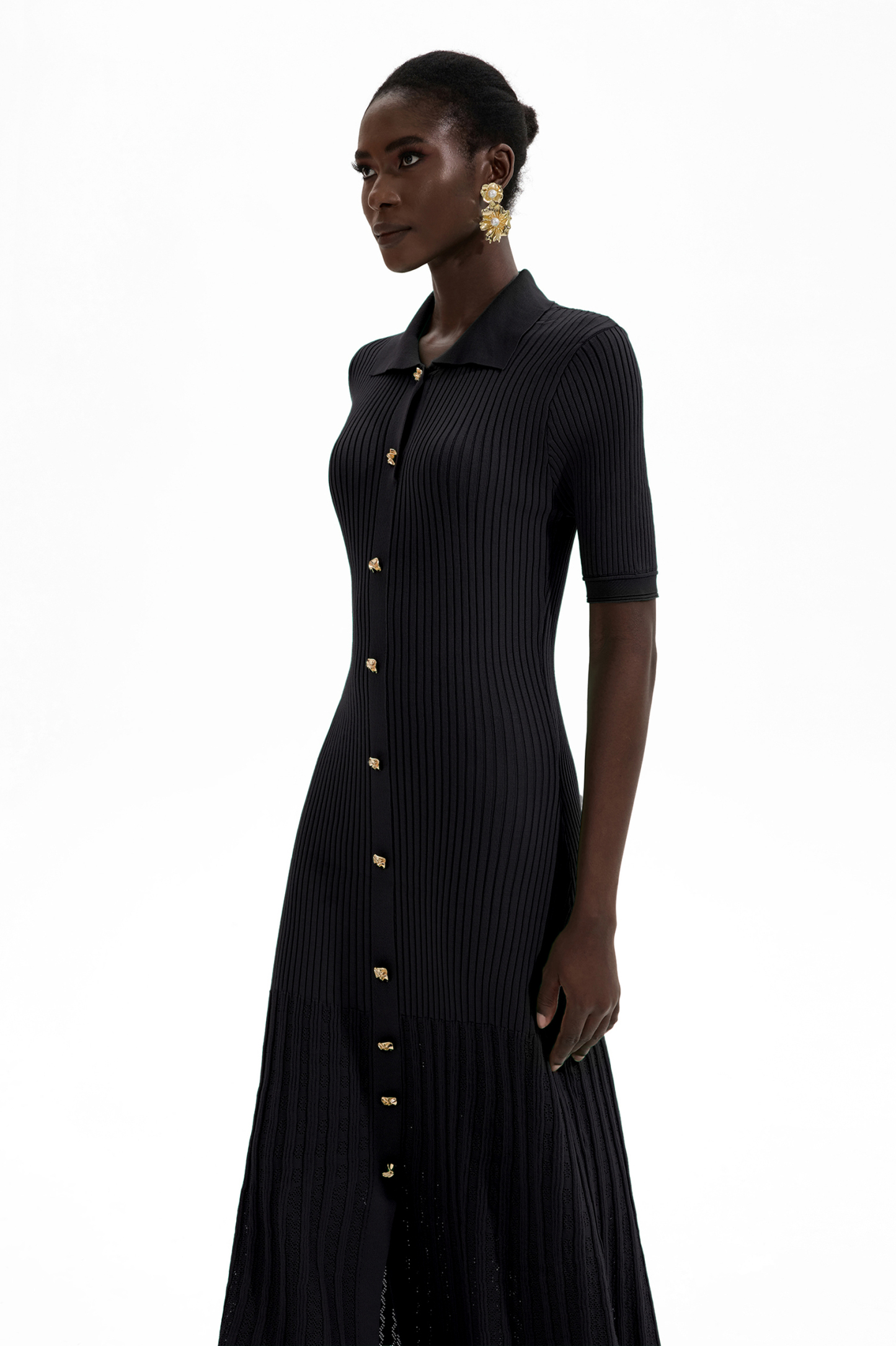 Jersey Flapped Metal Button Midi Dress