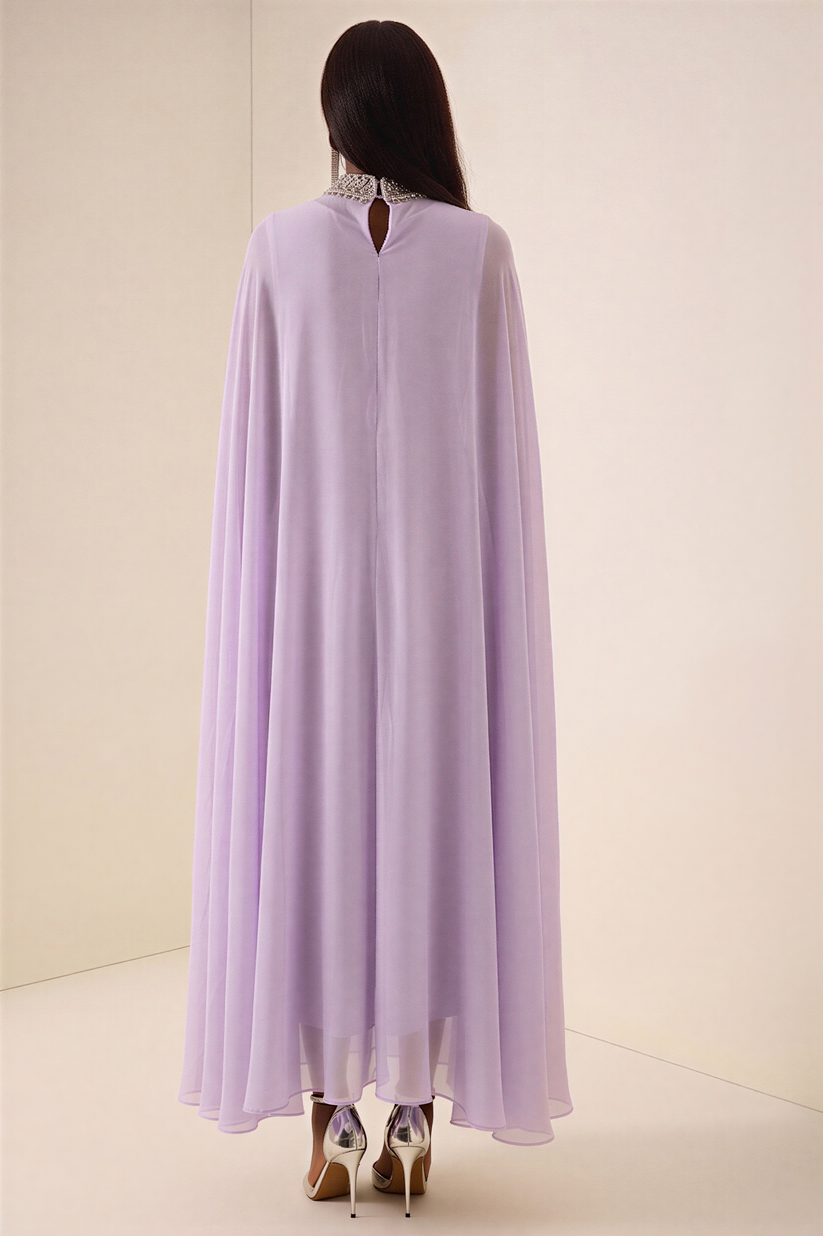 Chiffon Rhinestone Rivets Cape Midi Dress