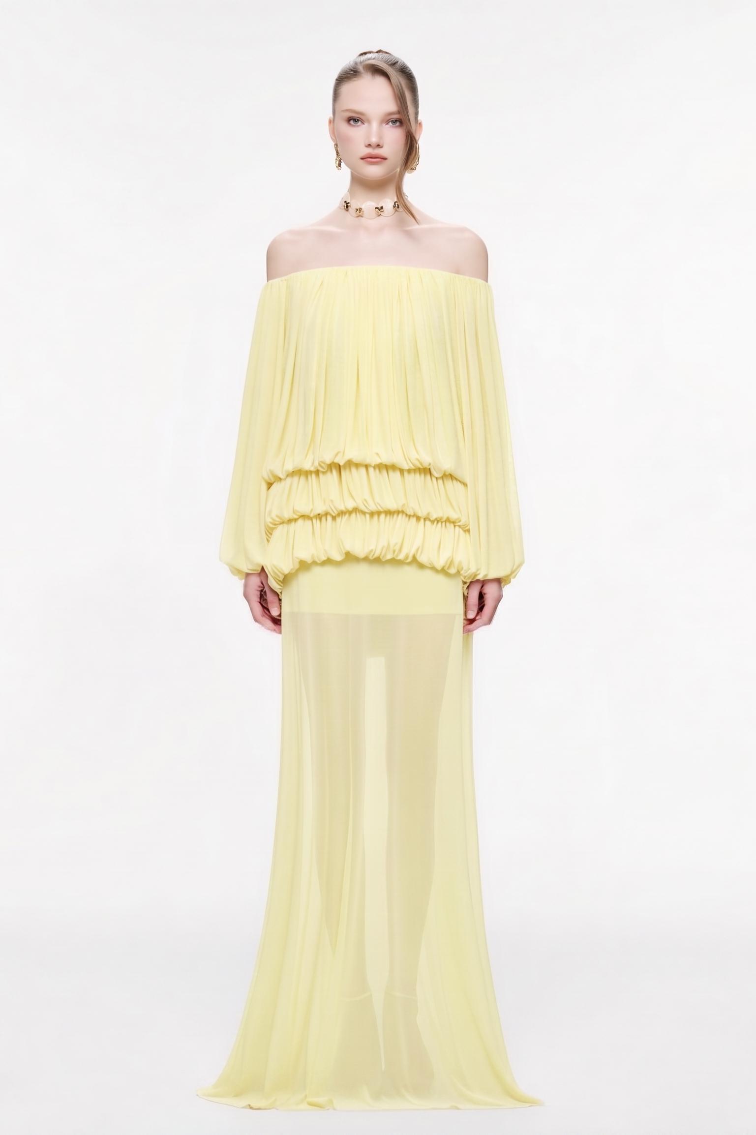Off Shoulder Gathering Top & Mid Waist Midi Skirt Set