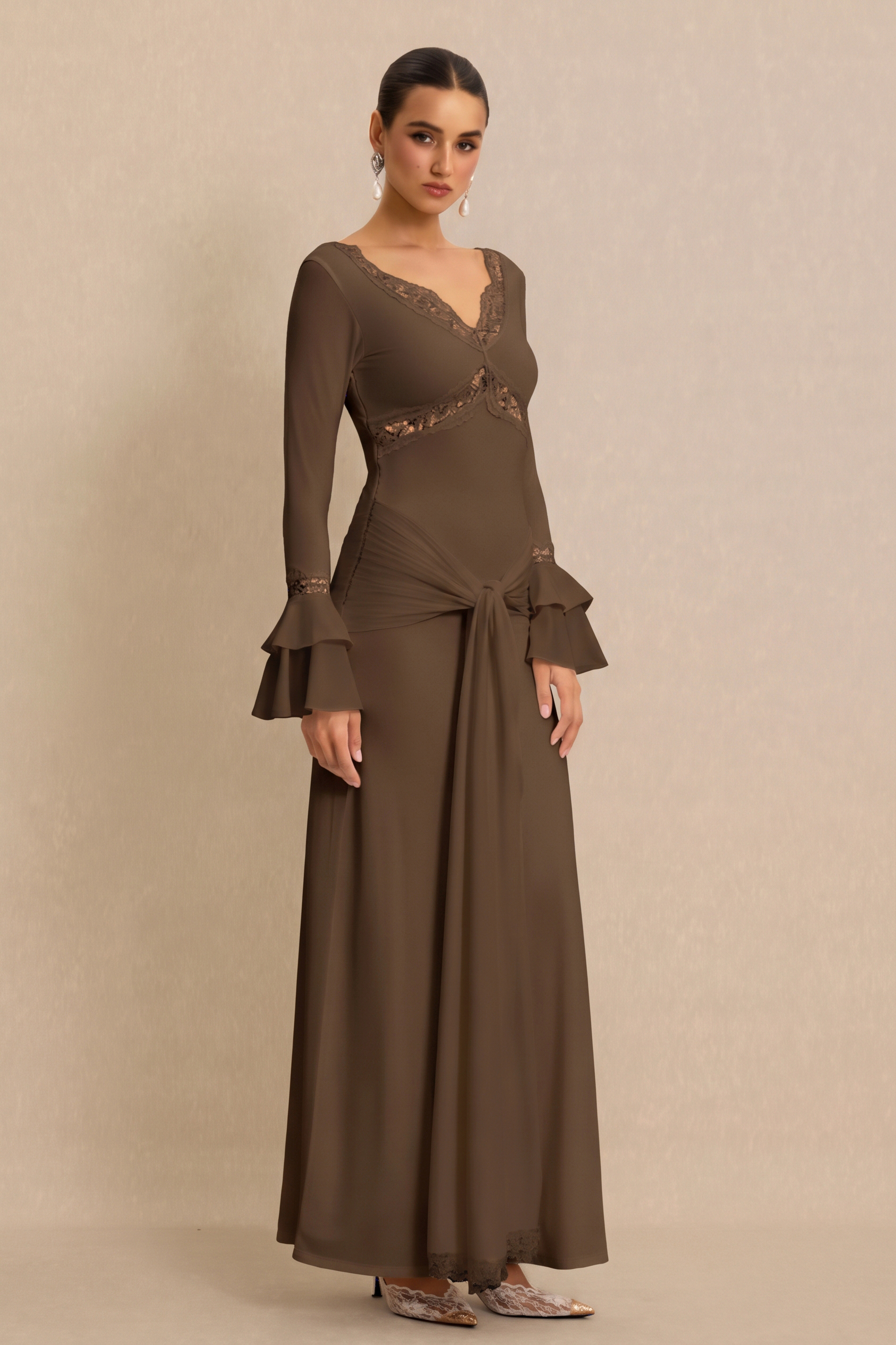 Lace Splicing Jersey Frill Maxi Dress