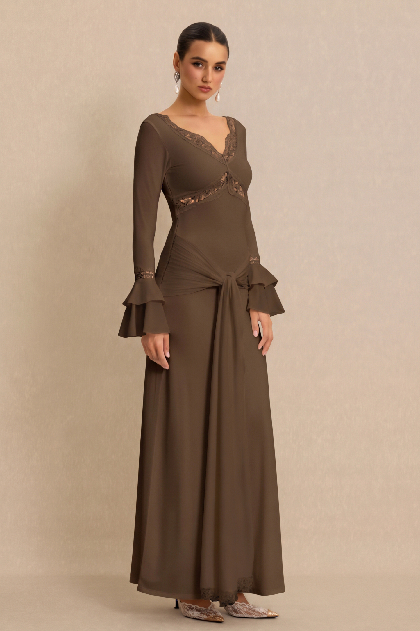 Lace Splicing Jersey Frill Maxi Dress