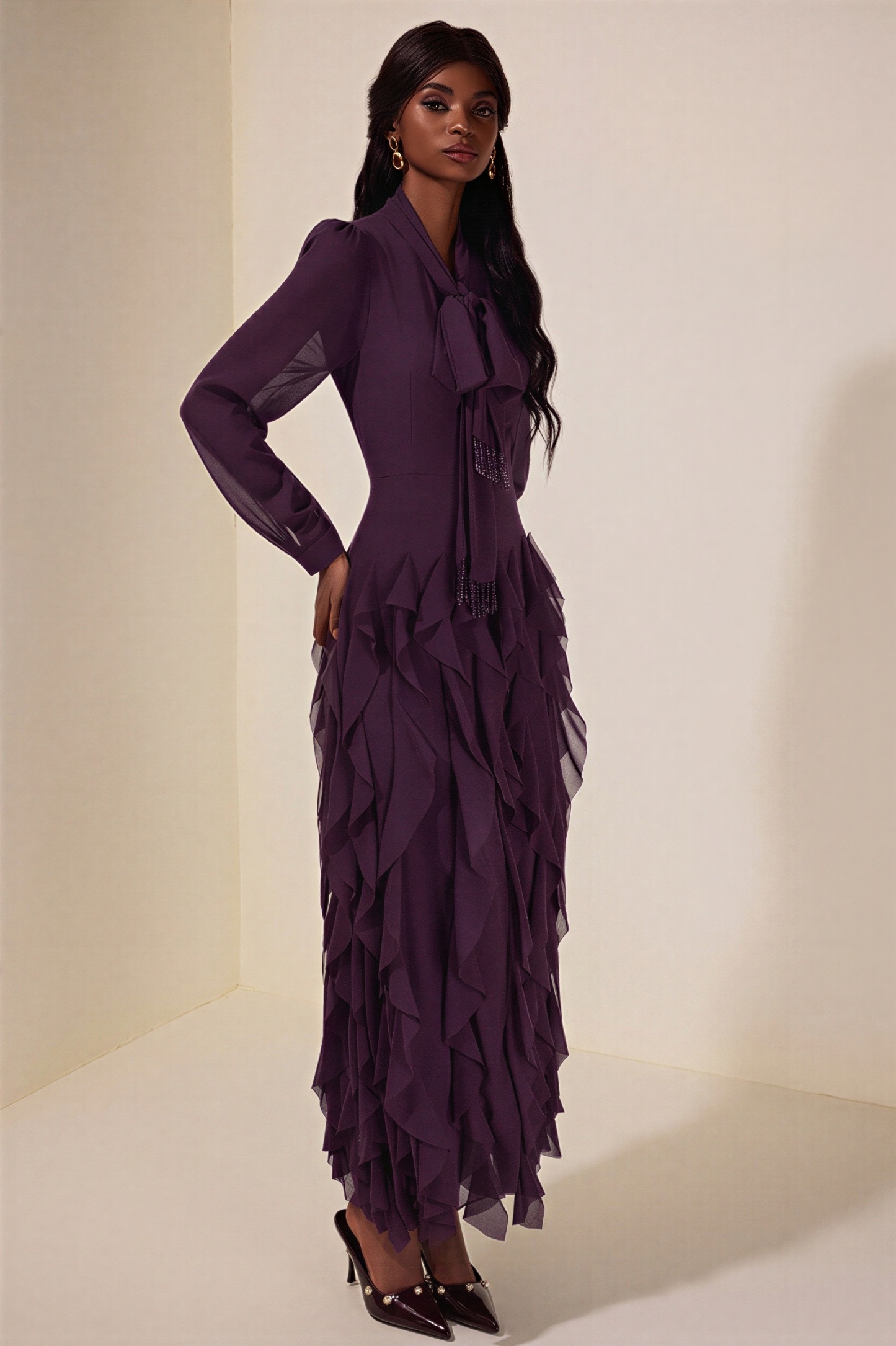 Chiffon Frill Beads Maxi Dress