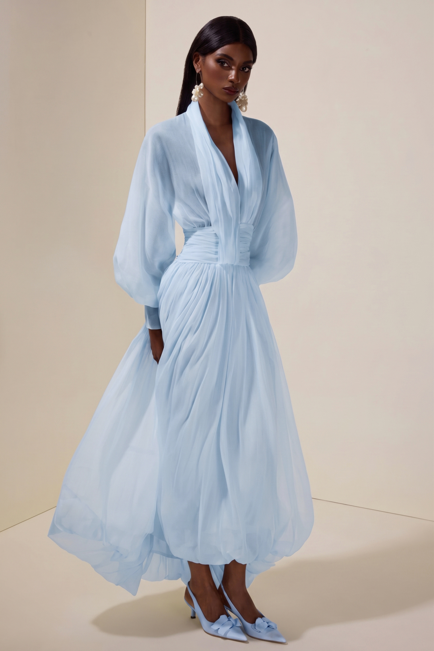 Chiffon V-Neck Lantern Sleeve Puff Midi Dress