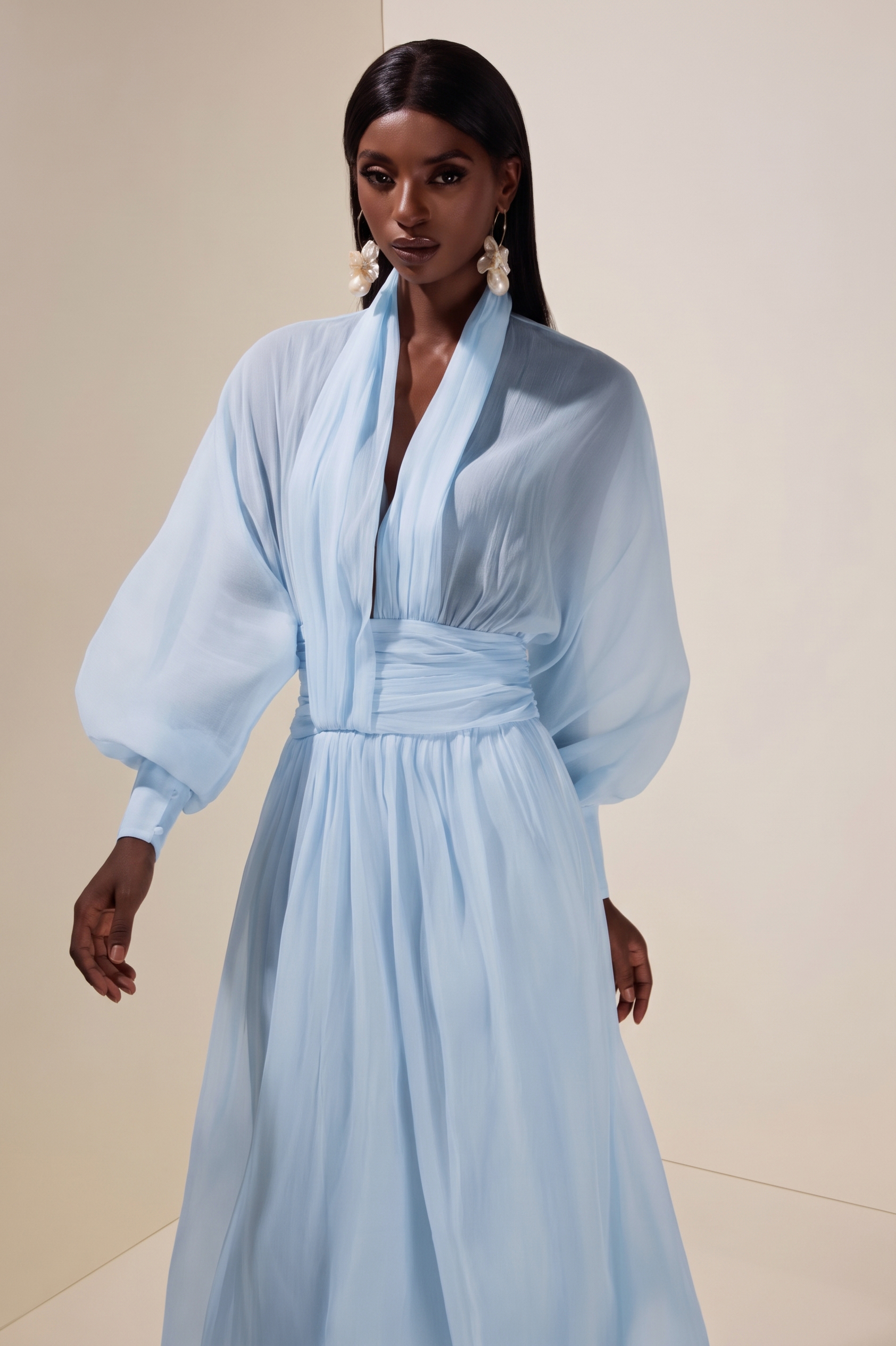 Chiffon V-Neck Lantern Sleeve Puff Midi Dress