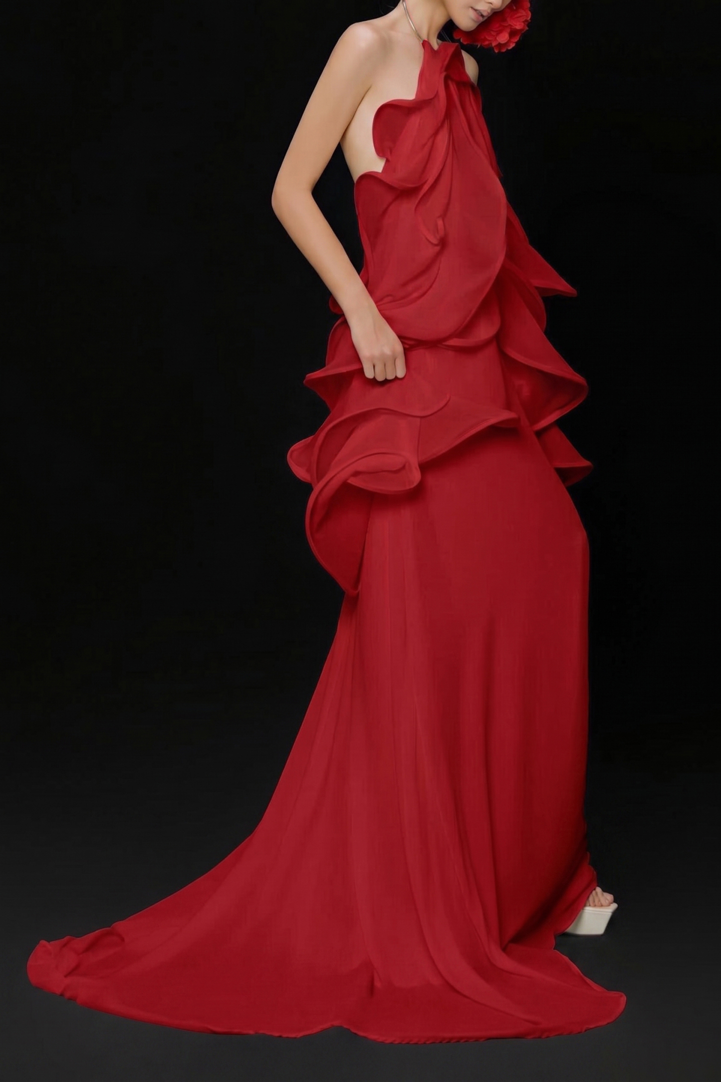 Halter Neck Backless Ruffle Maxi Dress