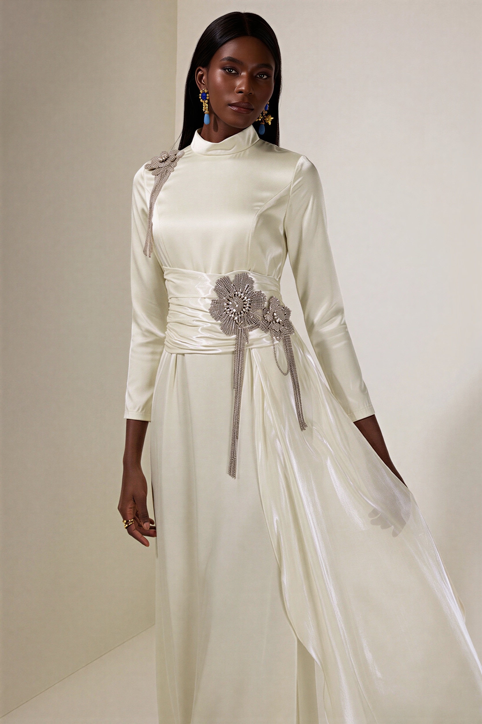 Rhinestone 3D Flower Satin Maxi Dress