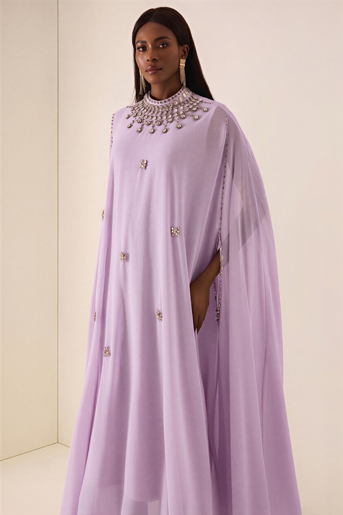 Chiffon Rhinestone Rivets Cape Midi Dress