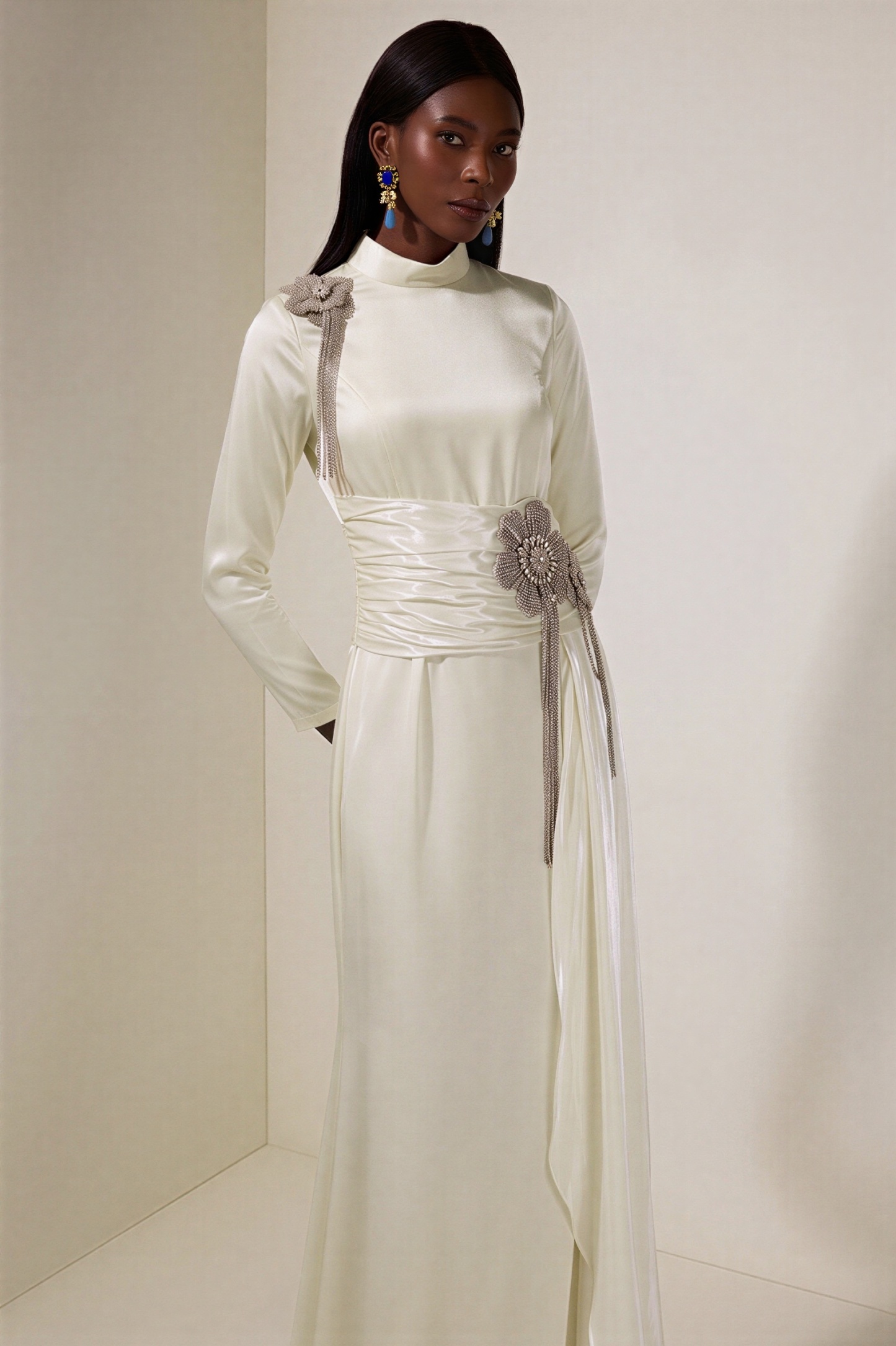 Rhinestone 3D Flower Satin Maxi Dress