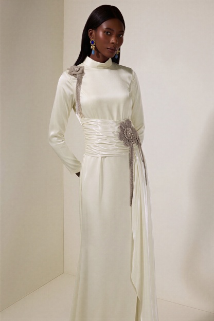 Rhinestone 3D Flower Satin Maxi Dress