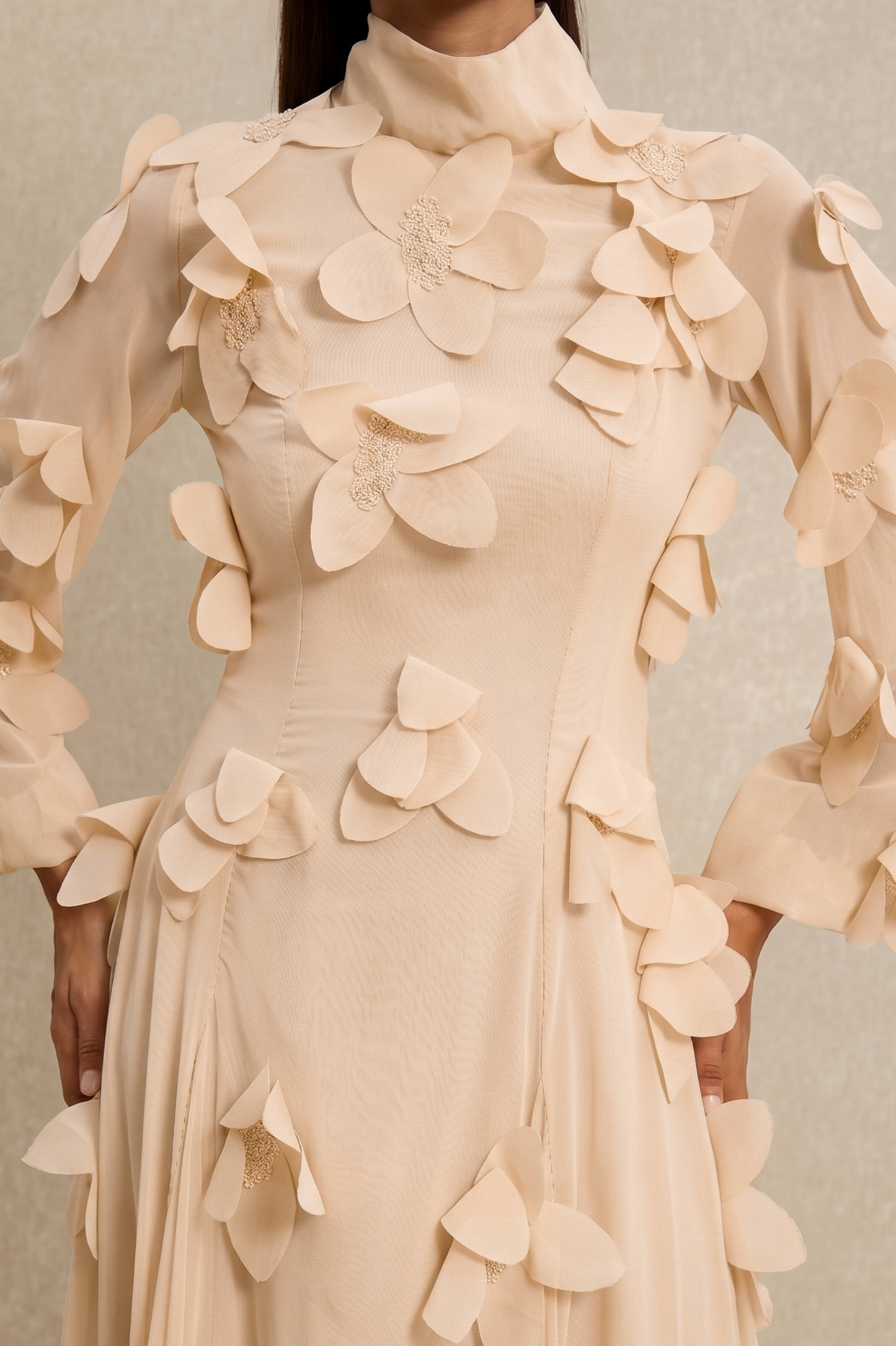3D Flower Stand Collar Long Sleeve Maxi Dress