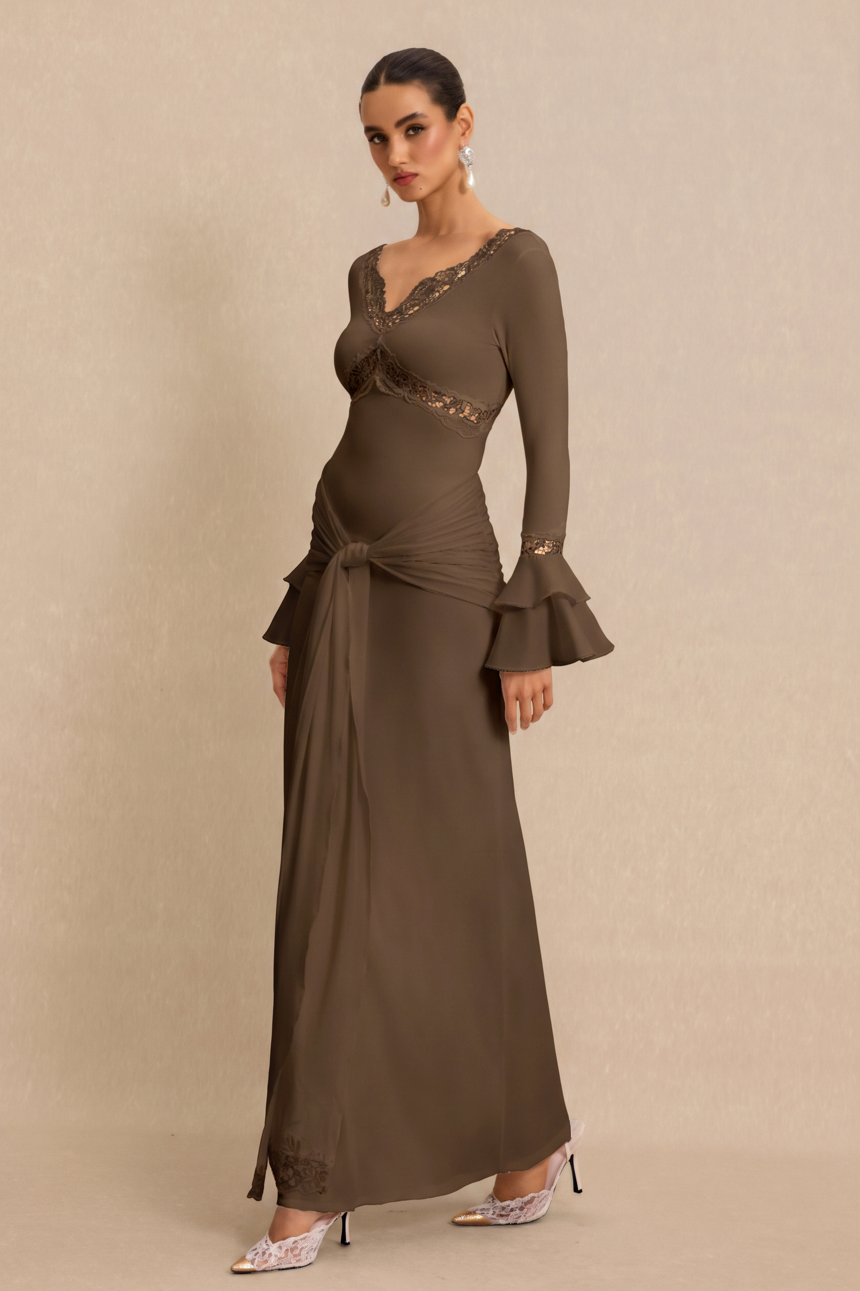 Lace Splicing Jersey Frill Maxi Dress