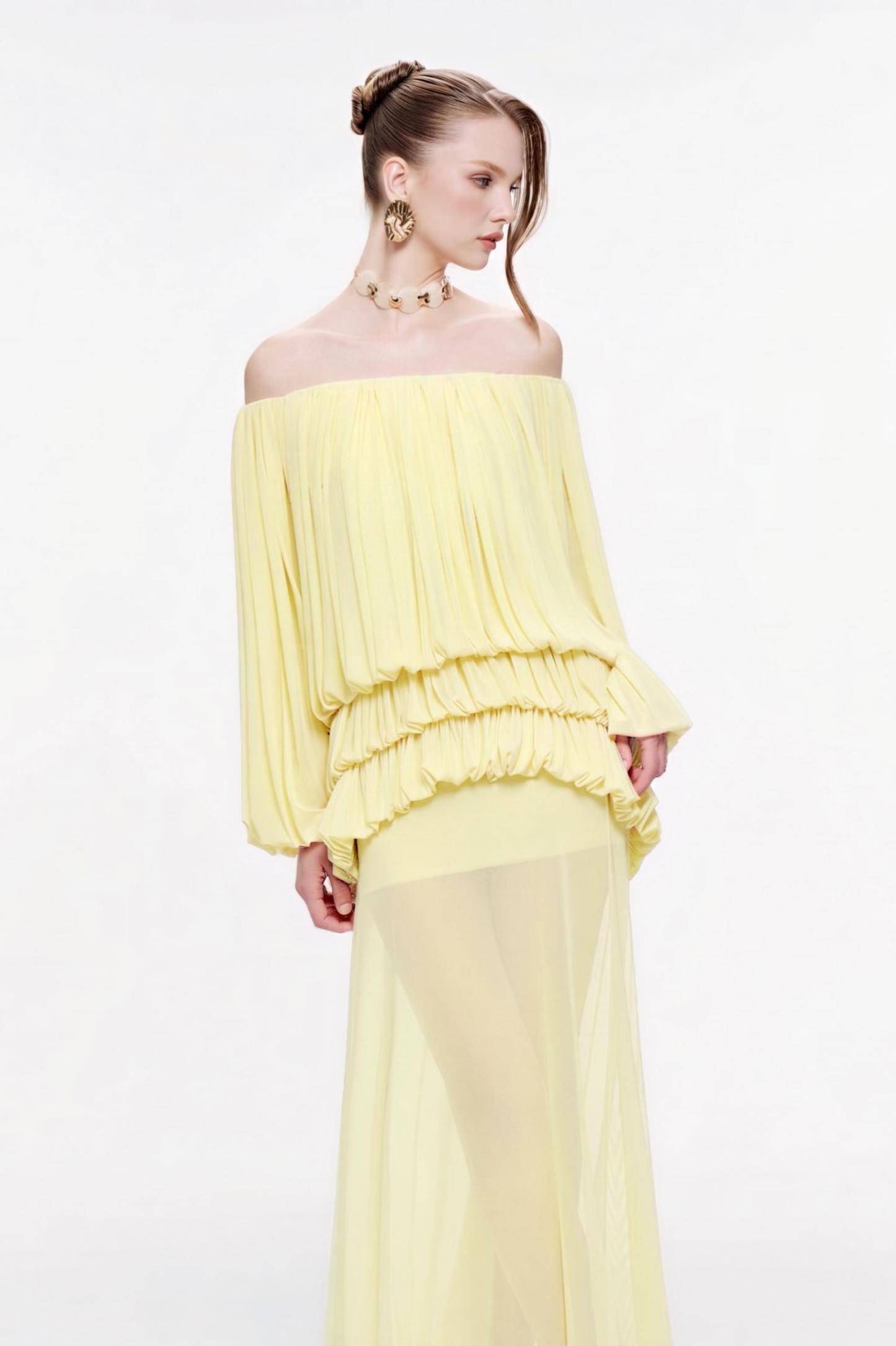 Off Shoulder Gathering Top & Mid Waist Midi Skirt Set