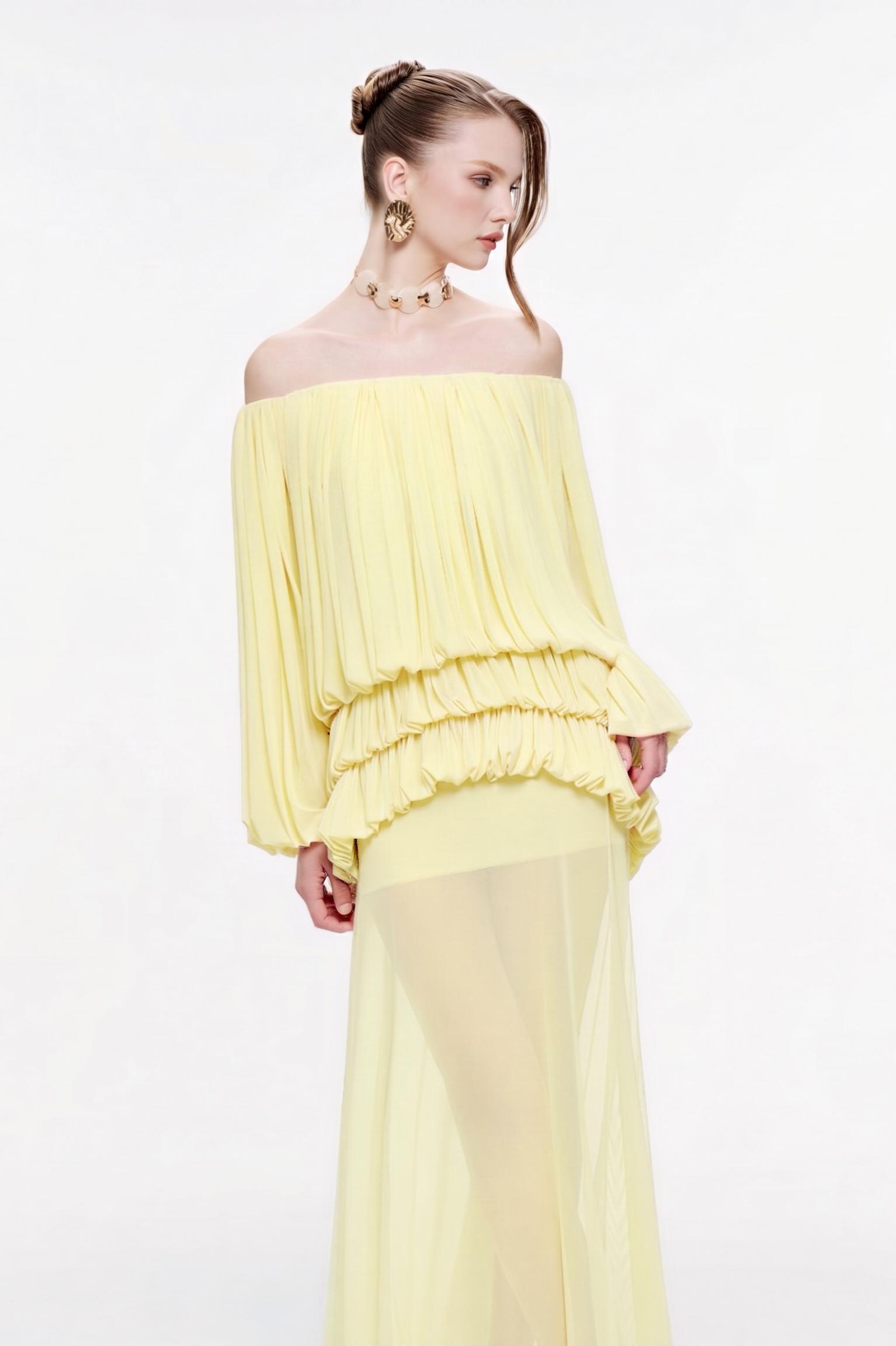 Off Shoulder Gathering Top & Mid Waist Midi Skirt Set