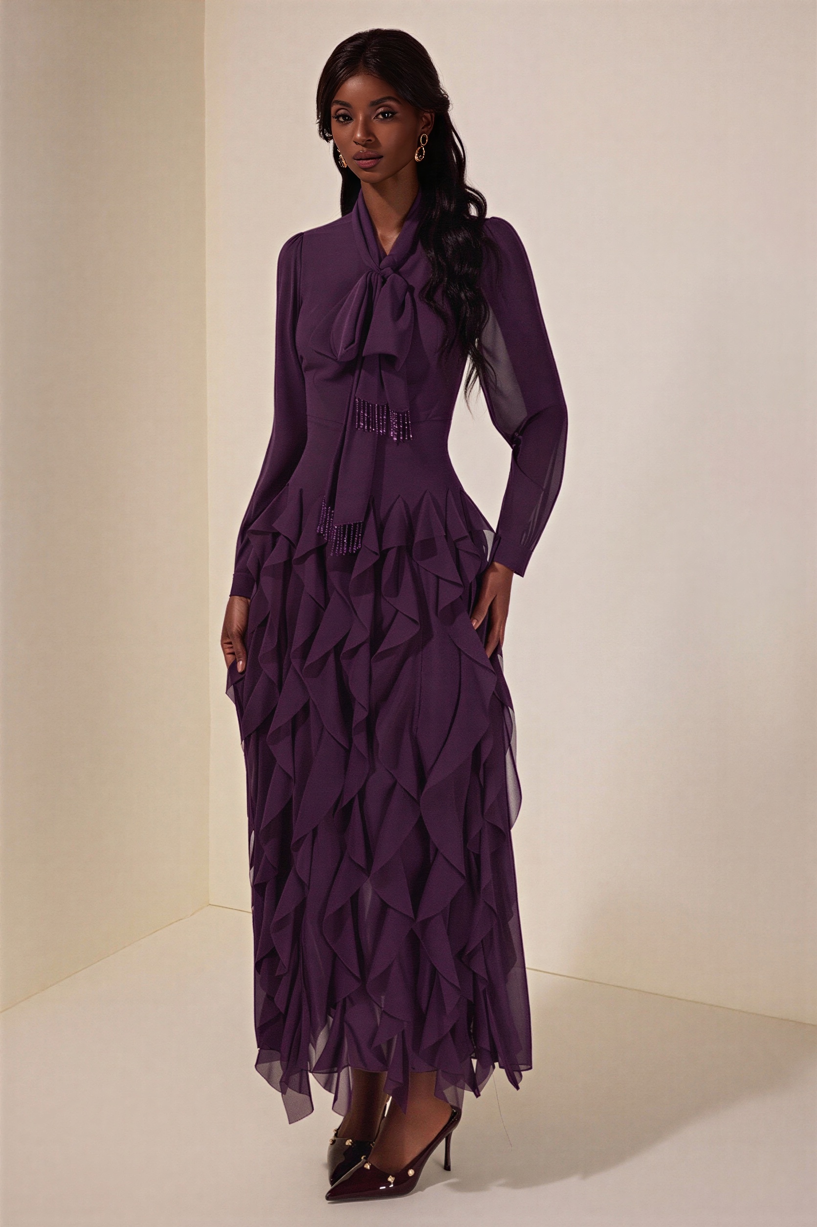 Chiffon Frill Beads Maxi Dress