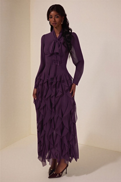 Chiffon Frill Beads Maxi Dress