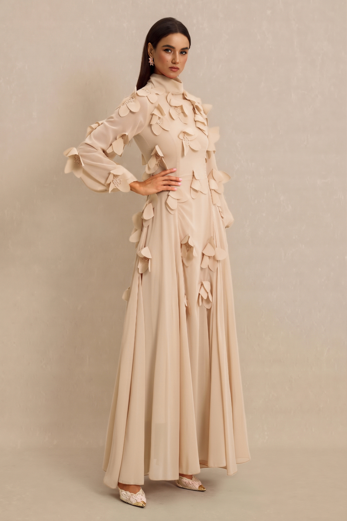 3D Flower Stand Collar Long Sleeve Maxi Dress