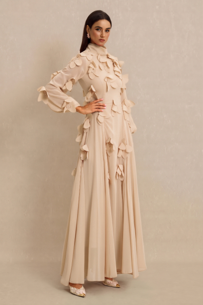 3D Flower Stand Collar Long Sleeve Maxi Dress