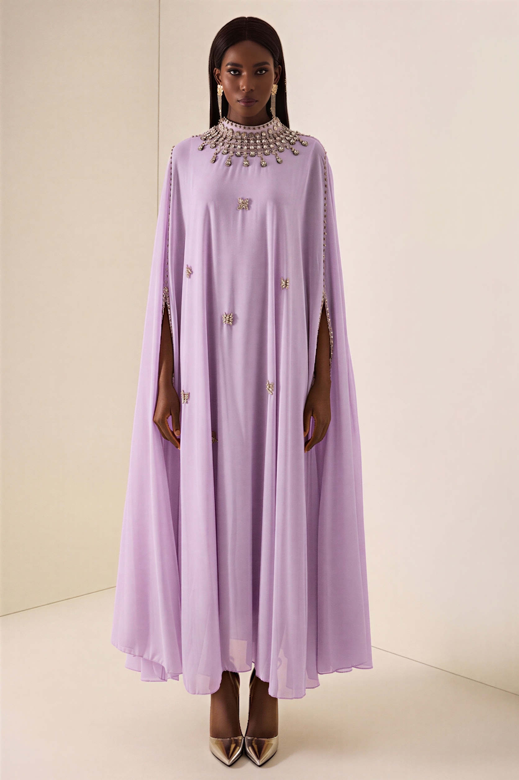 Chiffon Rhinestone Rivets Cape Midi Dress