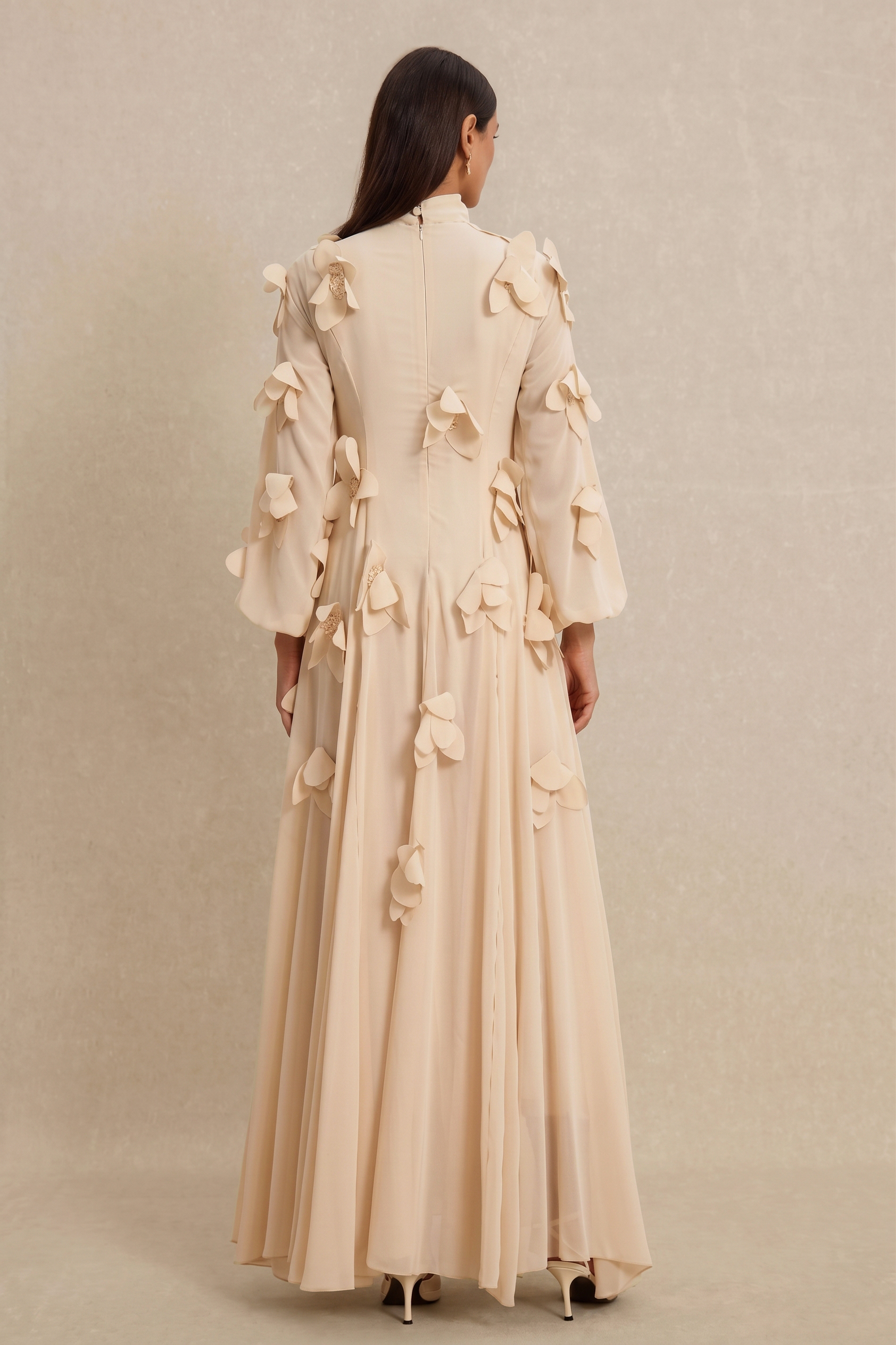 3D Flower Stand Collar Long Sleeve Maxi Dress