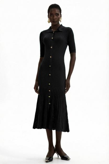 Jersey Flapped Metal Button Midi Dress
