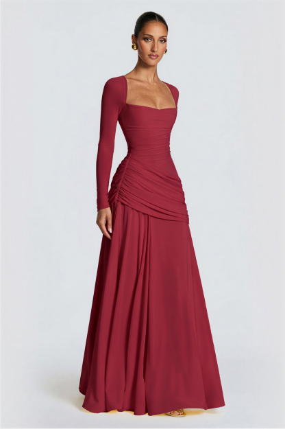 Square Collar Gathering Long Sleeve Maxi Dress