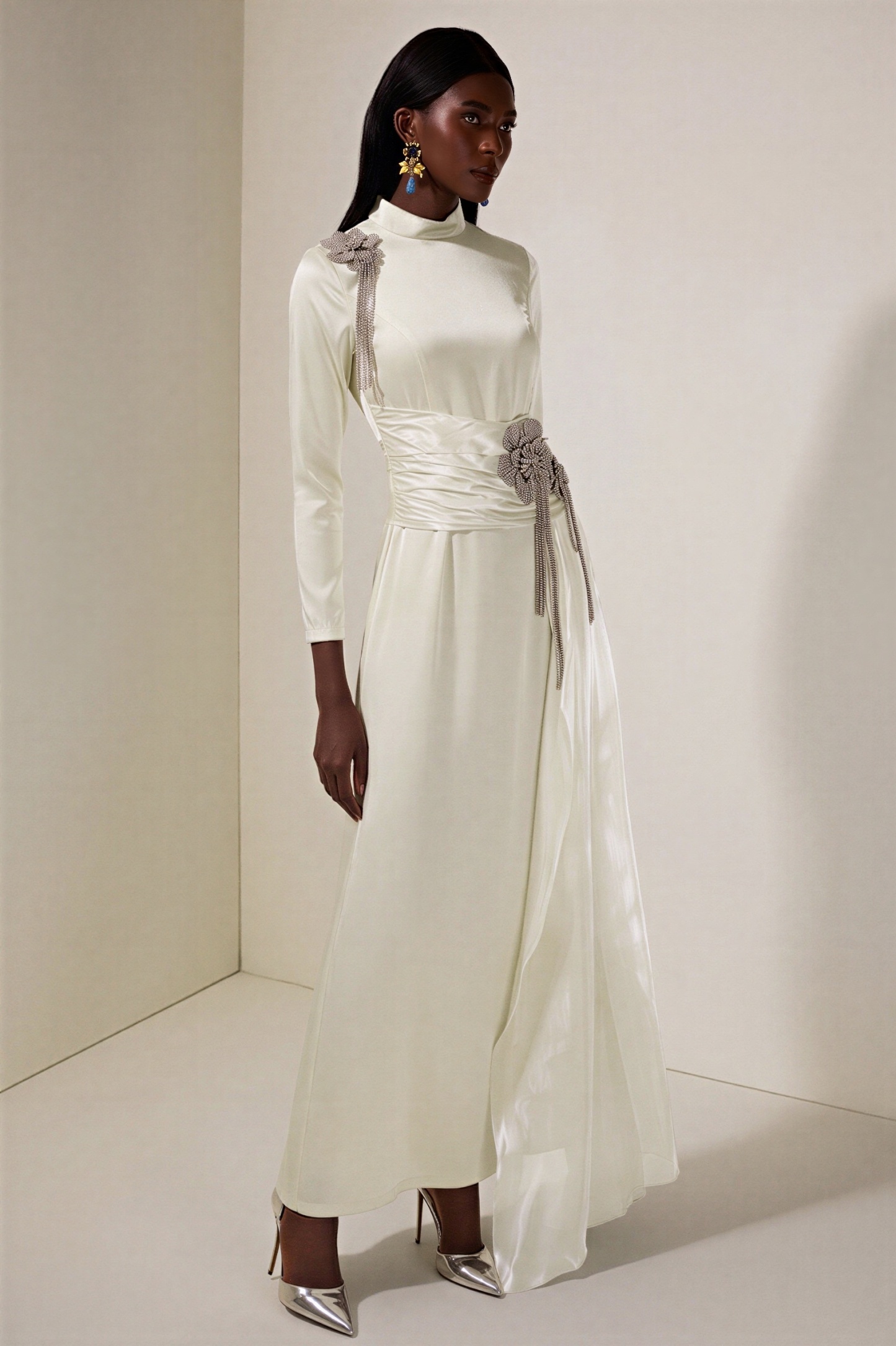 Rhinestone 3D Flower Satin Maxi Dress