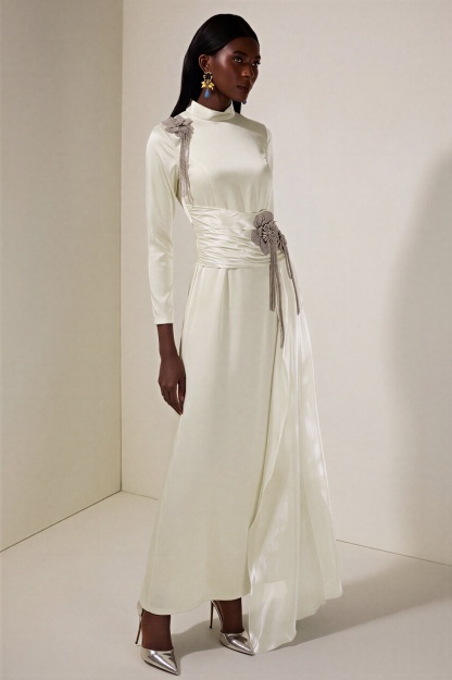 Rhinestone 3D Flower Satin Maxi Dress