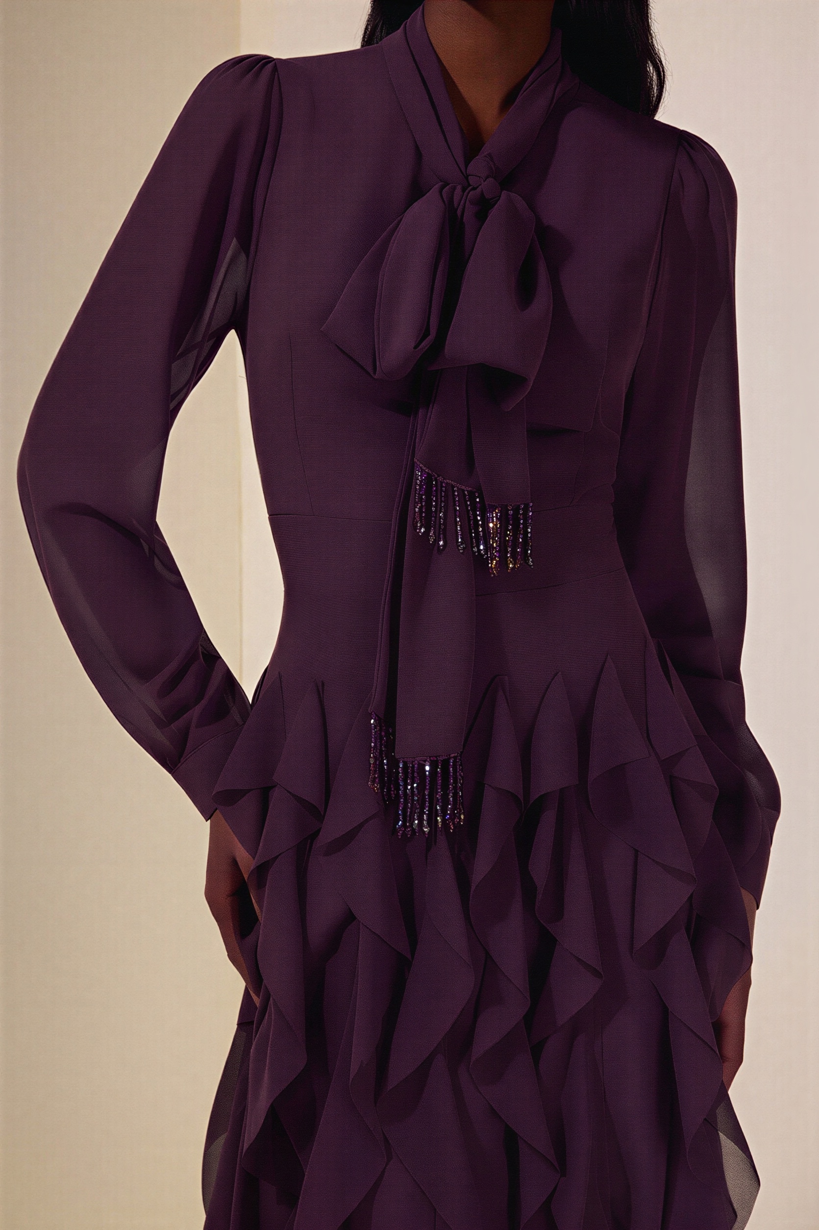 Chiffon Frill Beads Maxi Dress