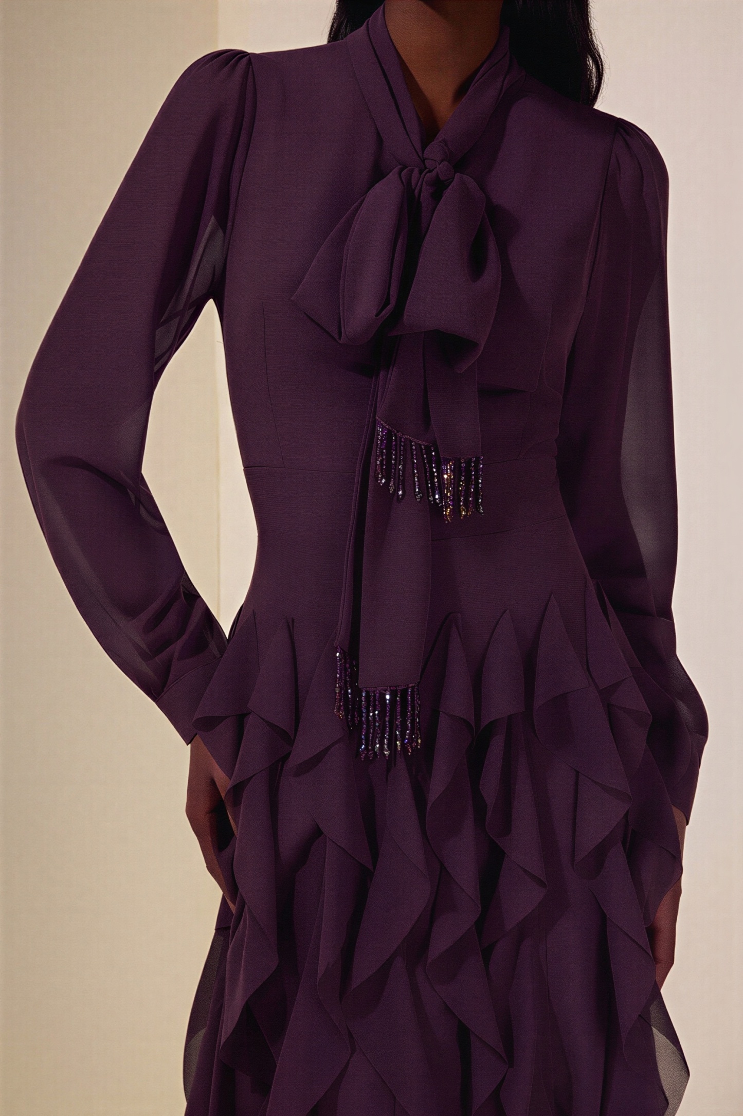 Chiffon Frill Beads Maxi Dress