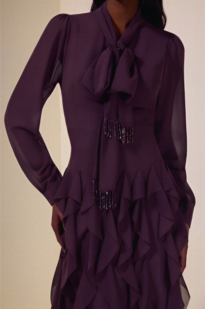 Chiffon Frill Beads Maxi Dress