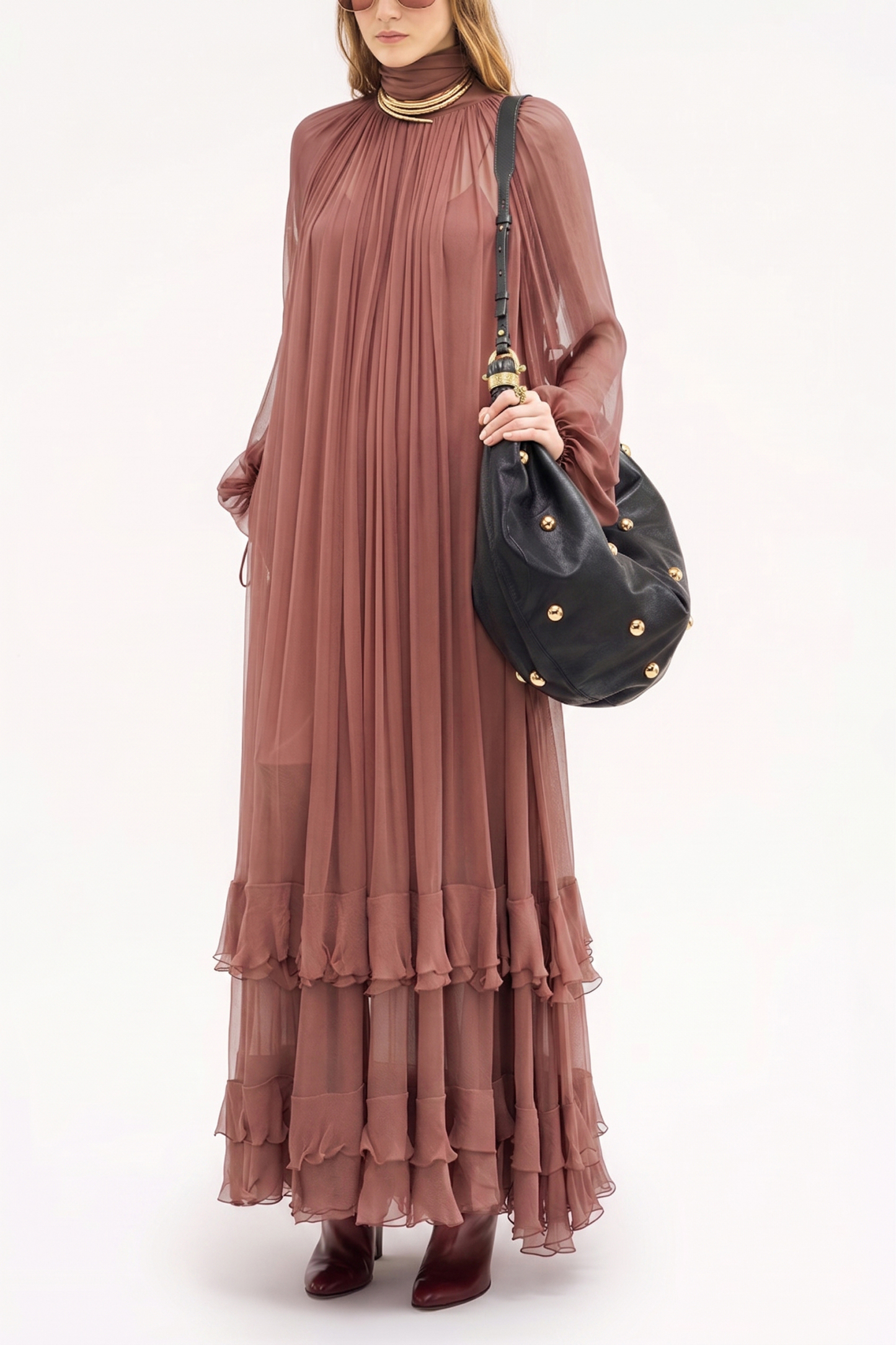 Ruffle High Neck Gathering Maxi Dress